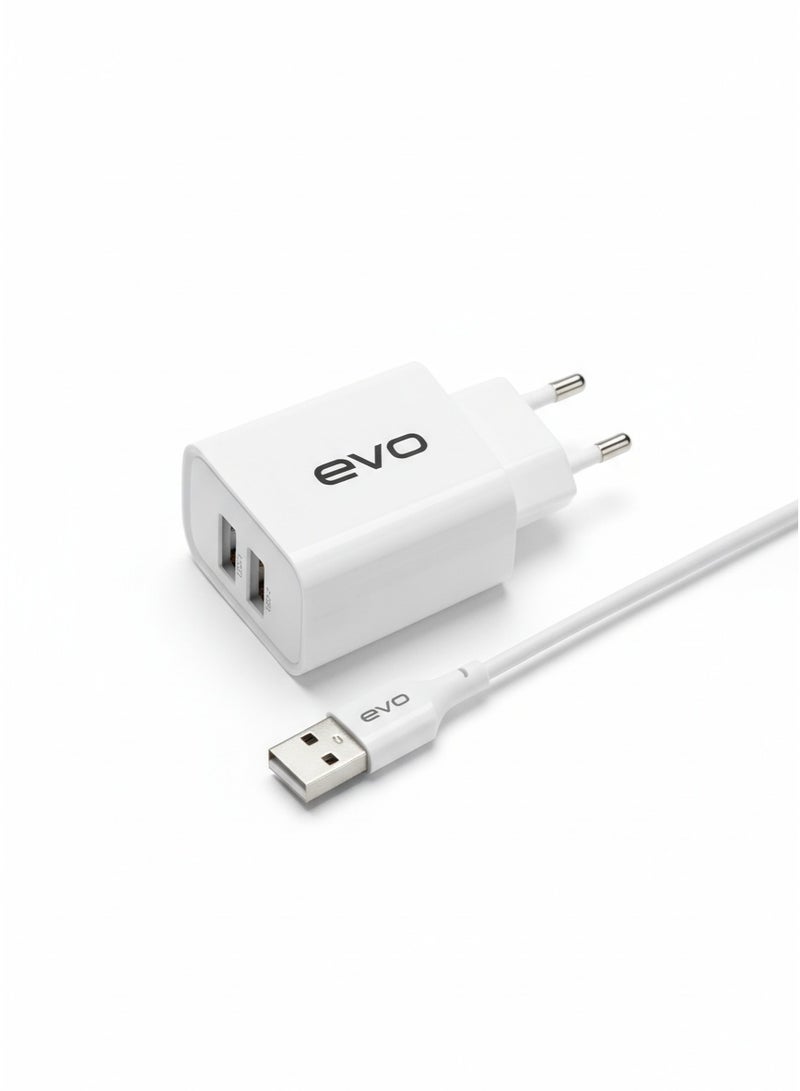 إيفو شاحن جداري مزدوج بمنفذي USB من طراز C01، مزود بمخرج سريع بقوة 2.4 أمبير، وتقنية شحن ذكية، ويتضمن كابل USB إلى Type-C بطول 100 سم، بتصميم صغير الحجم ومتين، يوفر طاقة آمنة وفعالة للهواتف الذكية والأجهزة اللوحية والعديد من الأجهزة الأخرى. - Image 1
